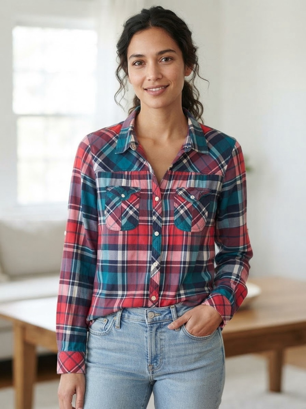 LEVI’S Plaid Button-Up Shirt L 21” p2p Red/Teal/Navy EUC